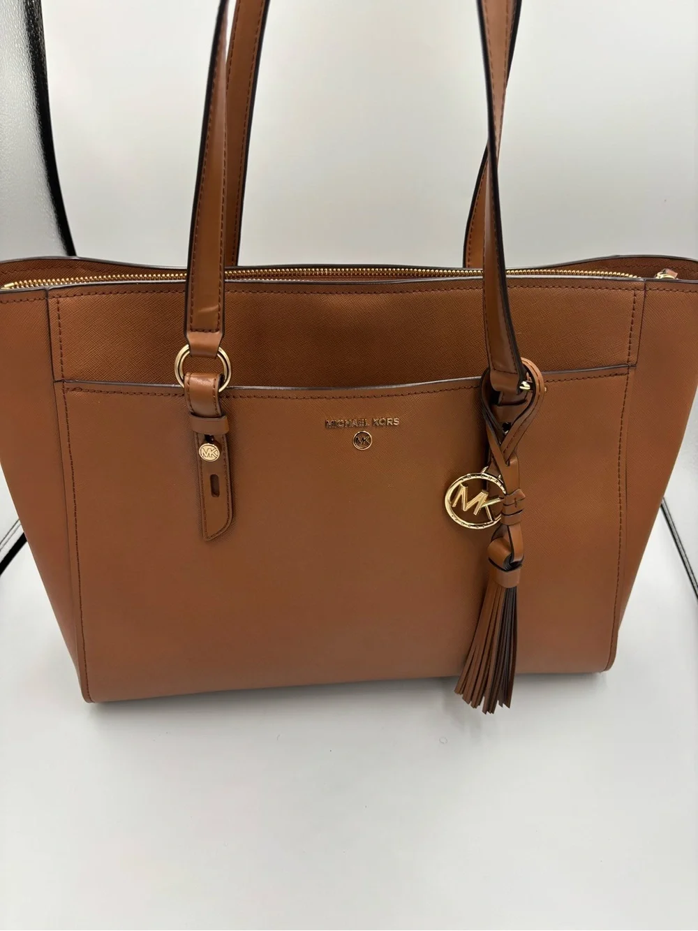 Michael Kors Large Brown Leather Tote Shoulder Bag Gold MK Charm Tassel